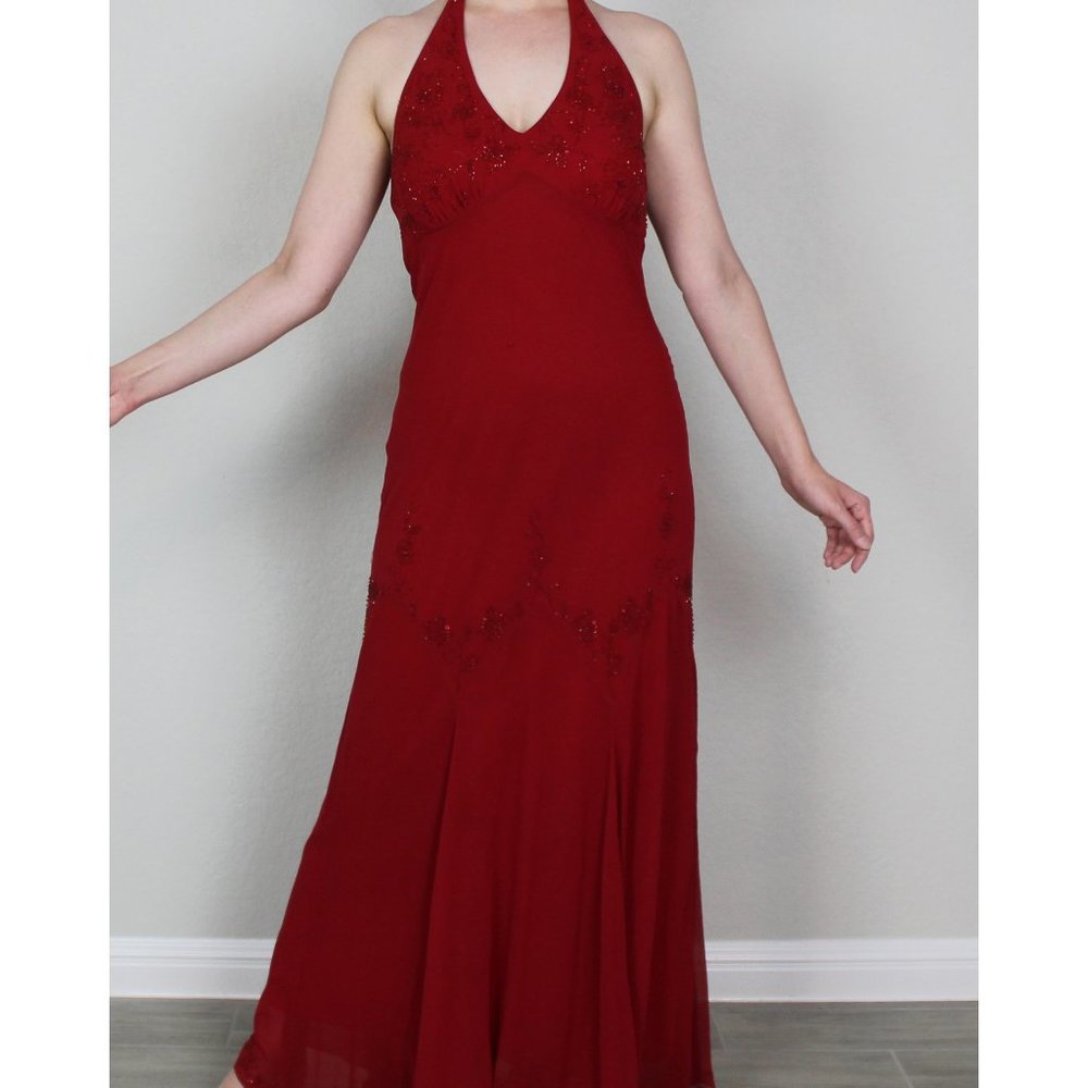 Red beaded floor length ballroom prom formal gown